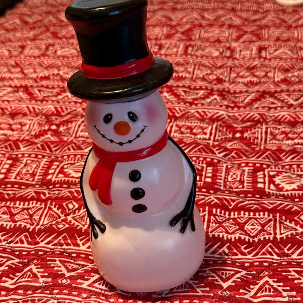 Festive Plastic Snowman Figurine with Red Scarf.  Probably Vintage.